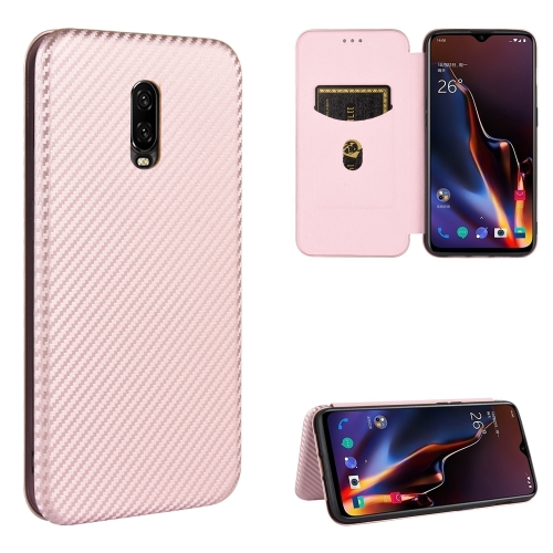For OnePlus 6T Carbon Fiber Texture Magnetic Horizontal Flip TPU + PC + PU Leather Case with Card Slot(Pink)