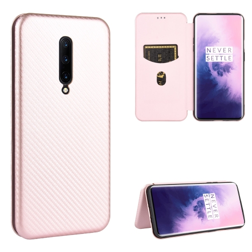 For OnePlus 7 Pro Carbon Fiber Texture Magnetic Horizontal Flip TPU + PC + PU Leather Case with Card Slot(Pink)