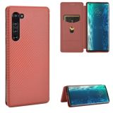 For Motorola Moto Edge Carbon Fiber Texture Magnetic Horizontal Flip TPU + PC + PU Leather Case with Rope & Card Slot(Brown)