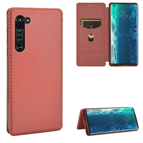 For Motorola Moto Edge Carbon Fiber Texture Magnetic Horizontal Flip TPU + PC + PU Leather Case with Rope & Card Slot(Brown)