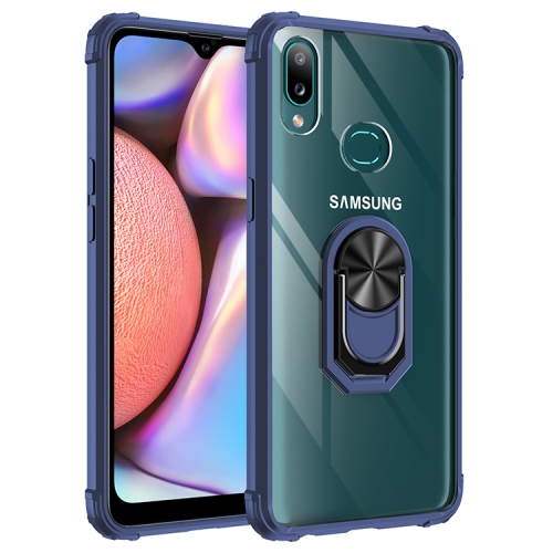 For Samsung Galaxy A10s Shockproof Transparent TPU + Acrylic Protective Case with Ring Holder(Blue)