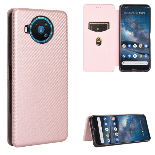 For Nokia 8.3 5G Carbon Fiber Texture Magnetic Horizontal Flip TPU + PC + PU Leather Case with Card Slot(Pink)