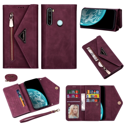 For Xiaomi Redmi Note 8 Skin Feel Zipper Horizontal Flip Leather Case with Holder & Card Slots & Photo Frame & Lanyard & Long Rope(Wine Red)