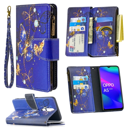 For OPPO A5 (2020) Colored Drawing Pattern Zipper Horizontal Flip Leather Case with Holder & Card Slots & Wallet(Purple Butterfly)