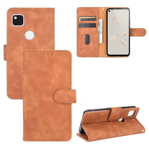 For Google Pixel 4a Solid Color Skin Feel Magnetic Buckle Horizontal Flip Calf Texture PU Leather Case with Holder & Card Slots & Wallet(Brown)