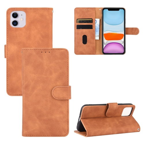 For iPhone 12 / 12 Pro Solid Color Skin Feel Magnetic Buckle Horizontal Flip Calf Texture PU Leather Case with Holder & Card Slots & Wallet(Brown)