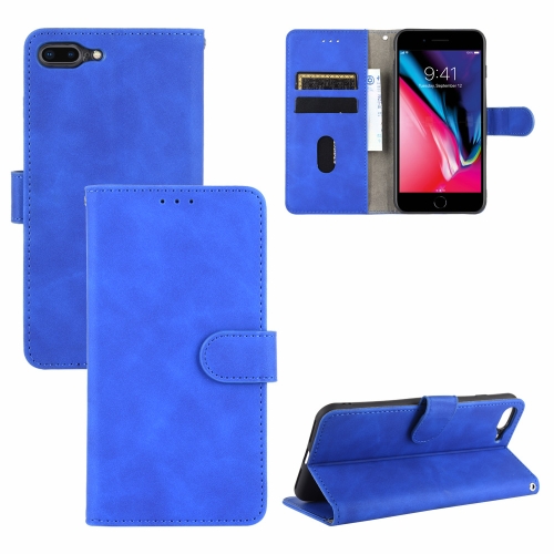 For iPhone 8 Plus & 7 Plus Solid Color Skin Feel Magnetic Buckle Horizontal Flip Calf Texture PU Leather Case with Holder & Card Slots & Wallet(Blue)