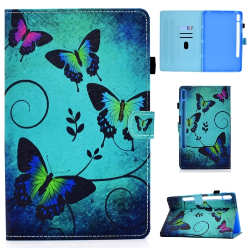 For Samsung Galaxy Tab S7 T870 Colored Drawing Stitching Horizontal Flip Leather Case with Holder & Card Slots & Sleep / Wake-up Function(Green Butterflies)