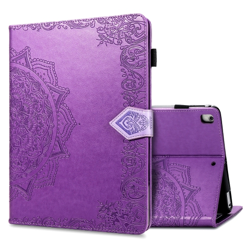 For iPad 10.2 / iPad 10.2 (2020) Halfway Mandala Embossing Pattern Horizontal Flip PU Leather Case with Card Slots & Holder(Purple)