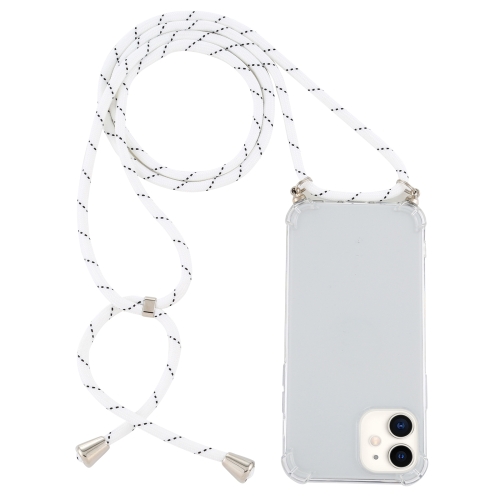 For iPhone 12 mini Four-Corner Shockproof Transparent TPU Case with Lanyard(White Black)