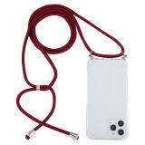 For iPhone 12 / 12 Pro Four-Corner Shockproof Transparent TPU Case with Lanyard(Wine Red)