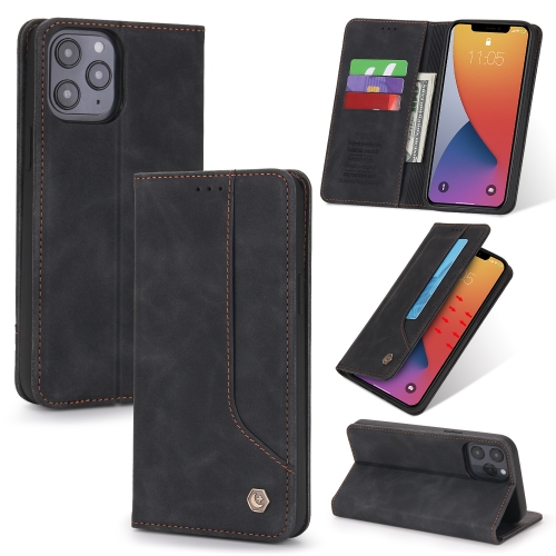 For iPhone 12 / 12 Pro POLA 008 Series Retro Magnetic Horizontal Flip Leather Case with Holder & Card Slots(Black)