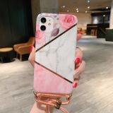 For iPhone 12 / 12 Pro Plating Marble Pattern Soft TPU Protective Case with Shoulder Strap(Pink Rose)