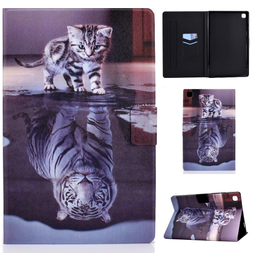 For Samsung Galaxy Tab A7 (2020) T500 Colored Drawing Pattern Voltage Horizontal Flip Black TPU + PU Leather Case with Holder & Card Slots & Anti-skid Strip & Sleep / Wake-up Function(Cat and Tiger)