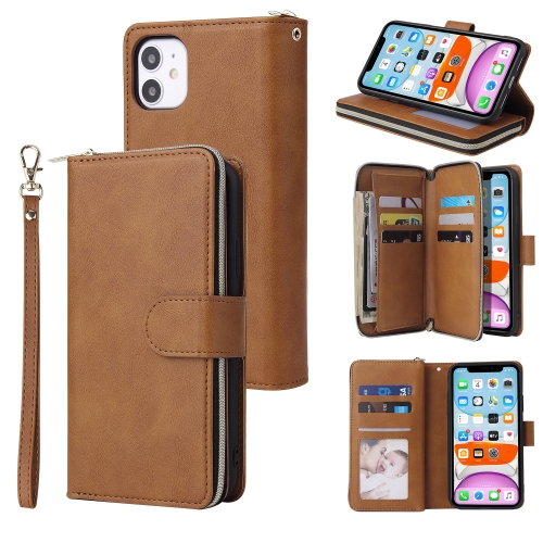 For iPhone 11 Zipper Wallet Bag Horizontal Flip PU Leather Case with Holder & 9 Card Slots & Wallet & Lanyard & Photo Frame(Brown)