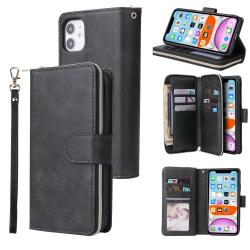 For iPhone 11 Pro Zipper Wallet Bag Horizontal Flip PU Leather Case with Holder & 9 Card Slots & Wallet & Lanyard & Photo Frame(Black)