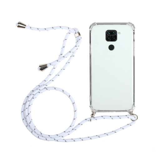 For Xiaomi Redmi Note 9 Four-Corner Shockproof Transparent TPU Protective Case with Lanyard(White)
