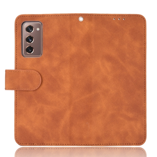 For Samsung Galaxy Z Fold2 5G Solid Color Skin Feel Magnetic Buckle Horizontal Flip Calf Texture PU Leather Case with Holder & Card Slots & Wallet(Brown)