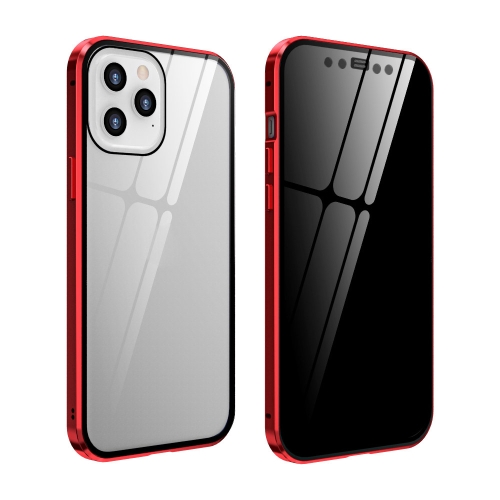 Double Sides Tempered Glass Magnetic Adsorption Metal Frame Anti-peep Screen Case For iPhone 12 / 12 Pro(Red)