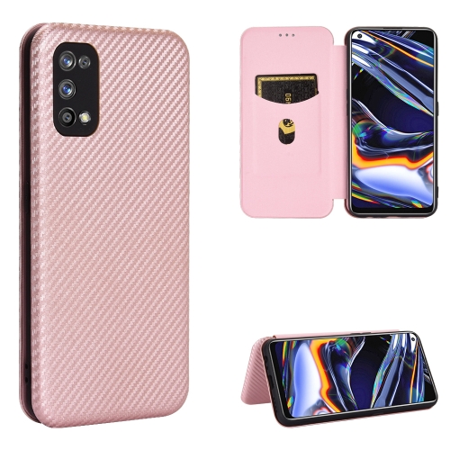 For OPPO Realme 7 Pro Carbon Fiber Texture Magnetic Horizontal Flip TPU + PC + PU Leather Case with Card Slot(Pink)