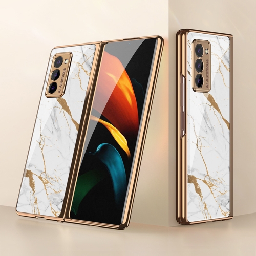 For Samsung Galaxy Z Fold2 GKK Electroplating Painted Glass Case(Gold Line White)