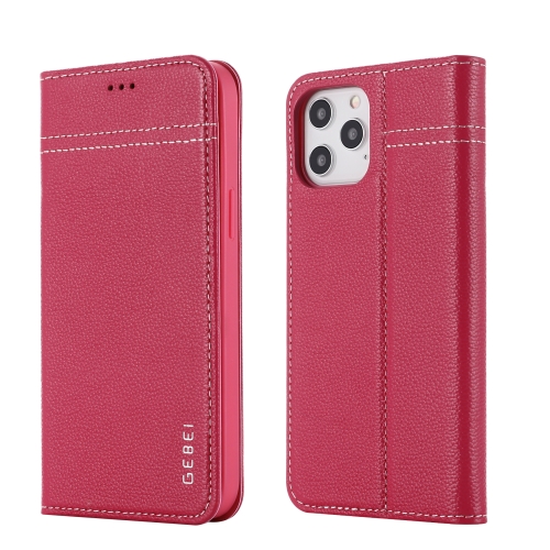 GEBEI Top-grain Leather Horizontal Flip Protective Case with Holder & Card Slots For iPhone 12 / 12 Pro(Rose Red)