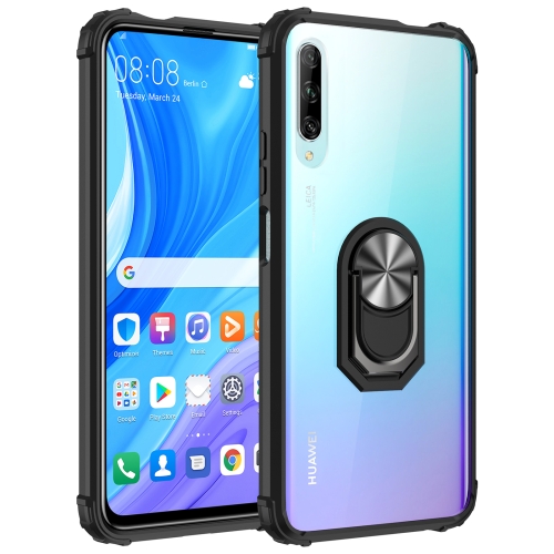 For Huawei Y9s Shockproof Transparent TPU + Acrylic Protective Case with Ring Holder(Black and Silver)