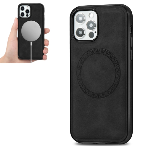 Retro Business Round Embossing Magnetic PU + TPU Protective MagSafe Case For iPhone 12 / 12 Pro(Black)