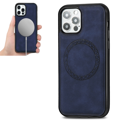 Retro Business Round Embossing Magnetic PU + TPU Protective MagSafe Case For iPhone 12 Pro Max(Blue)