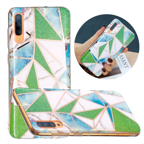 For Samsung Galaxy A70 Flat Plating Splicing Gilding Protective Case(Green Triangle Body Color Matching)