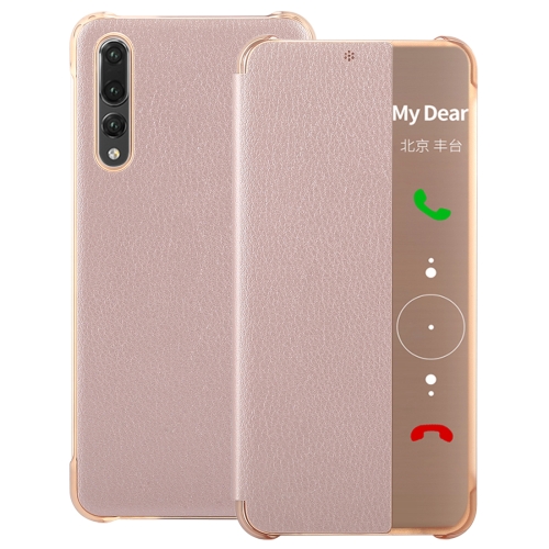 For Huawei P20 Pro Litchi Texture PC + PU Horizontal Flip Case with Smart View Winodw and Sleep Wake-up Function(Rose Gold)
