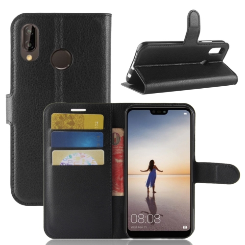 For Huawei  P20 Lite PU + TPU Litchi Texture Horizontal Flip Leather Case with Wallet & Holder & Card Slots (Black)