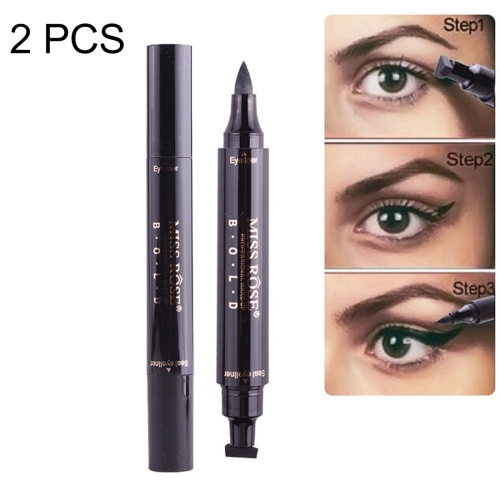 2 PCS 2 in 1 Black Waterproof Dual Head Quick Drying Eyeliner Seal Stamp Pen