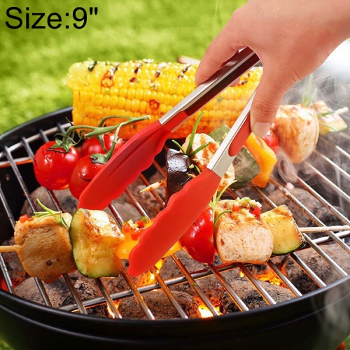 9 inch Silicone Non-slip Food Bread Barbecue BBQ Clip Tongs Kitchen Tools(Red)