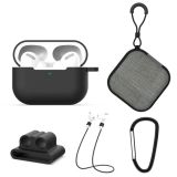 For AirPods Pro 5 in 1 Silicone Earphone Protective Case + Earphone Bag + Earphones Buckle + Hook + Anti-lost Rope Set(Black)