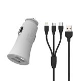 WK WP-C13 2.4A Warpath Dual USB Car Charger with USB to 8 Pin / Micro USB / Type-C Data Cable (White)