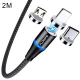 FLOVEME 2m USB-C / Type-C + Micro USB + 8 Pin to USB Round Head Magnetic 3A Fast Charging & Data Cable (Black)