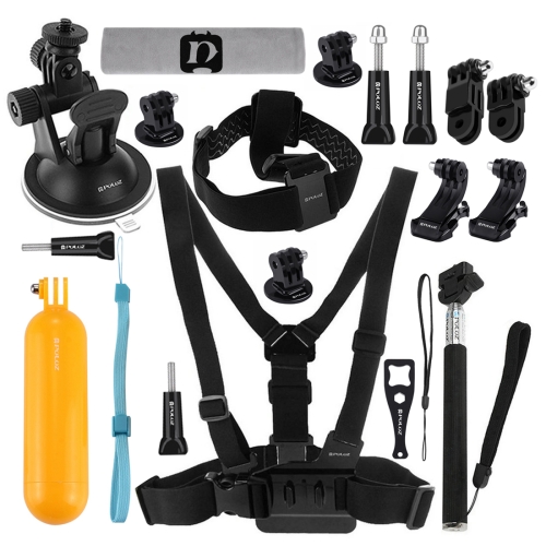 PULUZ 20 in 1 Accessories Combo Kits (Chest Strap + Head Strap + Suction Cup Mount + 3-Way Pivot Arm + J-Hook Buckles + Extendable Monopod + Tripod Adapter + Bobber Hand Grip + Storage Bag + Wrench) for GoPro HERO9 Black / HERO8 Black / HERO7 /6 /5 /5 Session /4 Session /4 /3+ /3 /2 /1