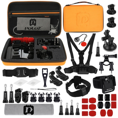 PULUZ 45 in 1 Accessories Ultimate Combo Kits with Orange EVA Case (Chest Strap + Suction Cup Mount + 3-Way Pivot Arms + J-Hook Buckle + Wrist Strap + Helmet Strap + Surface Mounts + Tripod Adapter + Storage Bag + Handlebar Mount + Wrench) for GoPro HERO9 Black / HERO8 Black / HERO7 /6 /5 /5 Session /4 Session /4 /3+ /3 /2 /1