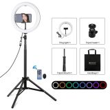 PULUZ 10.2 inch 26cm RGBW Light + 1.65m Tripod Mount Curved Surface USB RGBW Dimmable LED Ring Vlogging Video Light Live Broadcast Kits with Cold Shoe Tripod Ball Head & Phone Clamp & Remote Control(Black)