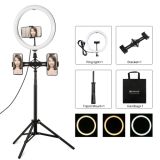 PULUZ 11.8 inch 30cm Light + 1.65m Tripod + Dual Phone Bracket Curved Surface USB 3 Modes Dimmable Dual Color Temperature LED Ring Vlogging Video Light  Live Broadcast Kits with Phone Clamp(Black)