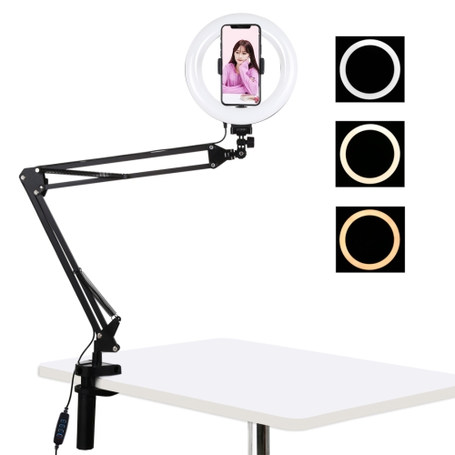 PULUZ 7.9 inch 20cm Ring Curved Light + Desktop Arm Stand USB 3 Modes Dimmable Dual Color Temperature LED Vlogging Selfie Photography Video Lights with Phone Clamp(Black)