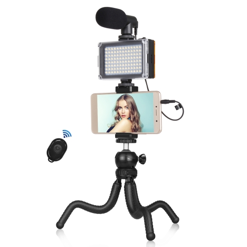 PULUZ  4 in 1 Vlogging Live Mini Octopus Bracket Kit + Studio Light + Microphone + Phone Clamp Kits(Black)