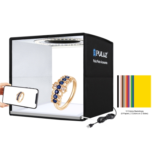 PULUZ 25cm Folding Portable High CRI Ring LED Photo Lighting Studio Tent Box + Shadowless Light Lamp Panel Pad with 12 Colors Backdrops