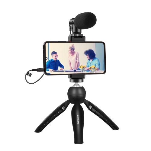 PULUZ Live Broadcast Smartphone Video Vlogger Kits Microphone + Tripod Mount + Phone Clamp Holder (Black)