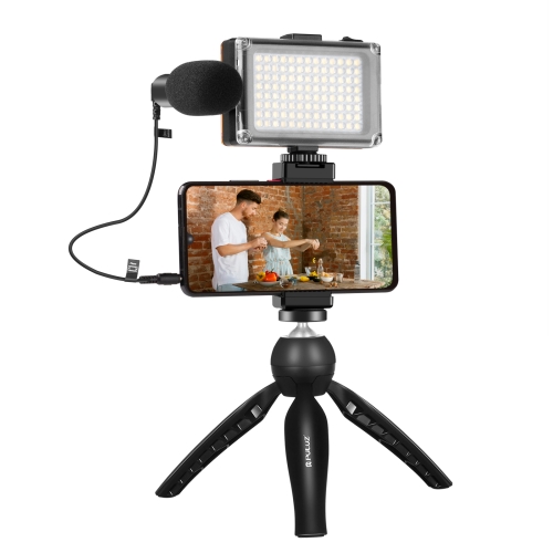 PULUZ Live Broadcast Smartphone Video Light Vlogger Kits with Microphone + LED Light + Tripod Mount + Phone Clamp Holder (Black)
