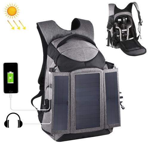 PULUZ 3-Fold 14W Solar Power Outdoor Portable Dual Shoulders Backpack Camera Bag with USB Port & Earphone Hole(Grey)