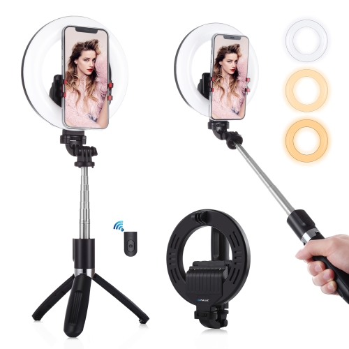 PULUZ 6.3 inch 16cm Ring LED Live Broadcast Vlogging Selfie Light + Bluetooth Selfie Stick Tripod Mount(Black)
