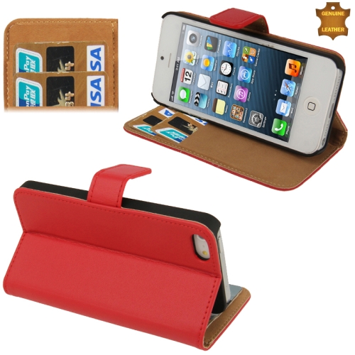 Economic Durable Genuine Leather Case with Credit Card Slots & Holder for iPhone 5 & 5S(Red)