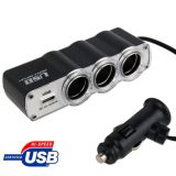 WF-0120 12V / 24V 3 Way Triple Sockets USB Car Cigarette Lighter Socket Splitter Charger(Black)